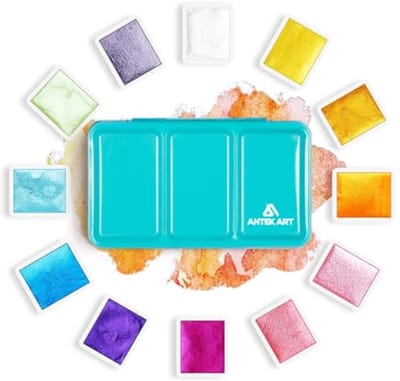 Set van 12 Metallic Aquarelverf in Glitterkleuren - Draagbaar Etui met Palet - Perfect als Cadau voor Kunstenaars