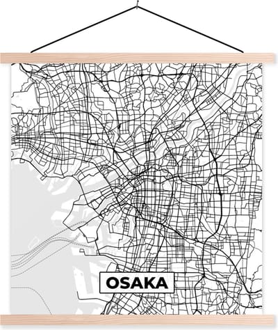 Posterhanger incl. Poster 40x40 cm - Schoolplaat - Osaka - Stadskaart - Plattegrond - Zwart Wit - Kaart - Textielposter - Blanke latten - Stadskaart