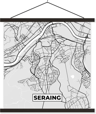 Posterhanger incl. Poster 60x60 cm - Schoolplaat - Plattegrond – Seraing – Zwart Wit – Stadskaart - Kaart - Textielposter - Zwarte latten - Stadskaart