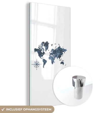 ® Glasschilderij 40x80 cm - Schilderij acrylglas - Wereldkaart - blauw - Kompas - Foto op glas - Muurdecoratie woonkamer - Wanddecoratie slaapkamer - Schilderijen