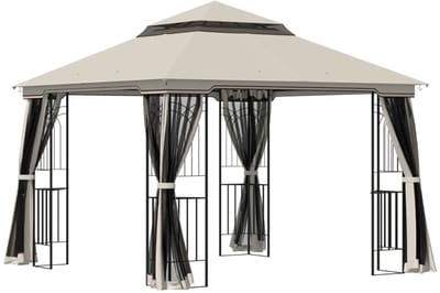 Luxe Tuinpaviljoen - Paviljoen - met Dubbel Dak & Gaasgordijnen - 3 x 3 m - Prieel - Partytent - Pergola - Gazebo - Feesttent - Tuintent - voor Tuin, Camping & Feest - Beige