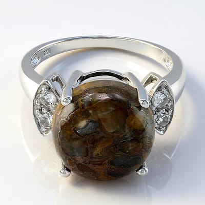 Cavill - 925 Sterling Zilver Ring met 5,69 ct Kwarts en 0,229 ct Witte Topazen - Unieke Ronde Cabochon Dinosaurus Sieraad Maat 17