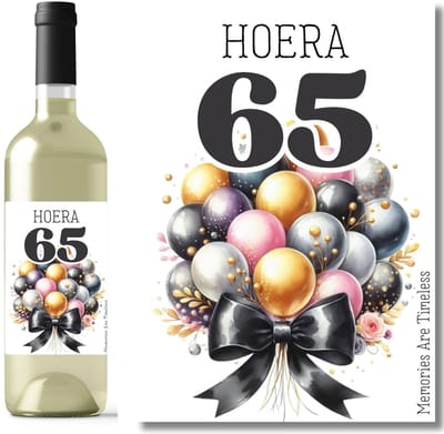 Wijnetiket 65 jaar – Hoera 65 – verjaardag cadeau met ballonnen