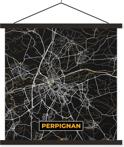 Posterhanger incl. Poster 60x60 cm - Schoolplaat - Frankrijk – Perpignan - Kaart – Plattegrond – Stadskaart - Textielposter - Zwarte latten - Stadskaart