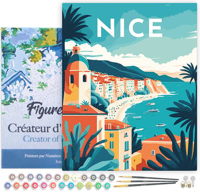Figured'Art Schilderen op Nummer Volwassenen met lijst Reisposter Nice- Handwerk acrylverf Kit DIY Compleet - 40x50cm Canvas al ingelijst