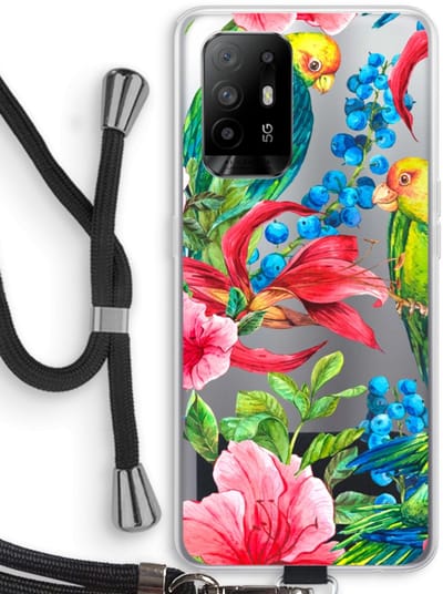 Case Company® - Hoesje met koord geschikt voor Oppo A94 5G hoesje met Koord - Papegaaien - Telefoonhoesje met Zwart Koord - Bescherming aan alle Kanten en Over de Schermrand