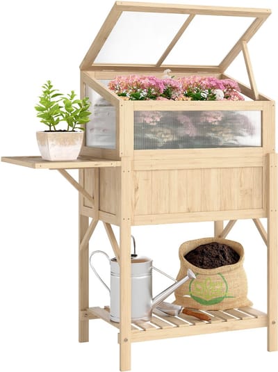 Outsunny Verhoogde plantenbak-Dennenhout, polycarbonaat-104L x 50B x 120H cm-Natuurlijk hout