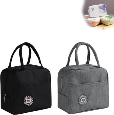 Draagbare Isolatie Tas Set van 2, Vouwbare Lunch Tas met Aluminium Folie, Ideaal voor Kantoor, Kamperen en Reizen (Zwart + Grijs)