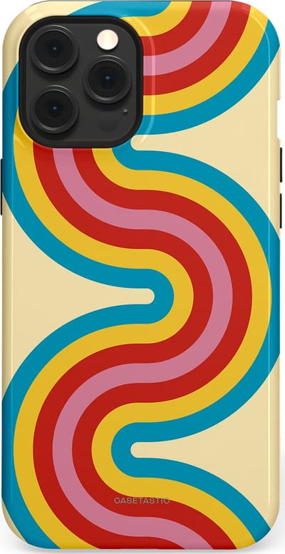 Casetastic hoesje geschikt voor Apple iPhone 12 Pro Max - MagSafe - Dubbellaagse bescherming - Retro kronkels - Fashion Case - Crème Lichtblauw Goud Rood