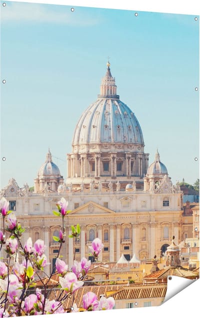 Gards Tuinposter Sint Pietersbasiliek in Rome met Bloemen - 120x160 cm - Tuindoek - Tuindecoratie - Wanddecoratie buiten - Tuinschilderij