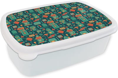 Broodtrommel Wit - Lunchbox - Brooddoos - Patroon - Robot - Skateboard - Jongens - Kinderen - Kids - Baby - 18x12x6 cm - Volwassenen