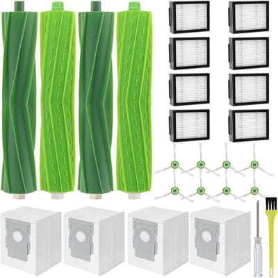 Accessoires geschikt voor iRobot Roomba i7 i7+ / i7 Plus E5 E6 E7 robotstofzuiger, reserveonderdelen met 4 rubberen borstels, 8 filters, 8 zijborstels, 4 stofzakken, 1 schroevendraaier, 1