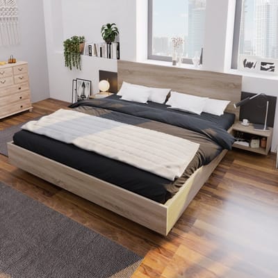 Sweiko Tweepersoonsbed - 160 x 200 cm - 2 nachtkastjes - Houten bed - Natuurlijke + Grijs