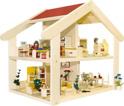 Mini Poppenhuis - Houten Huisje - Spelen met Poppen - Kwaliteitszegel Spiel Gut - 65 x 46 x 60 cm