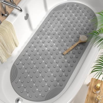 SnelShoppen - Ovalen Badmat Antislip 88 x 40cm, Mildew Bestendige Douchemat, BPA Vrij, Machinewasbare Antislip Mat voor Badkuip en Douche, Grijs