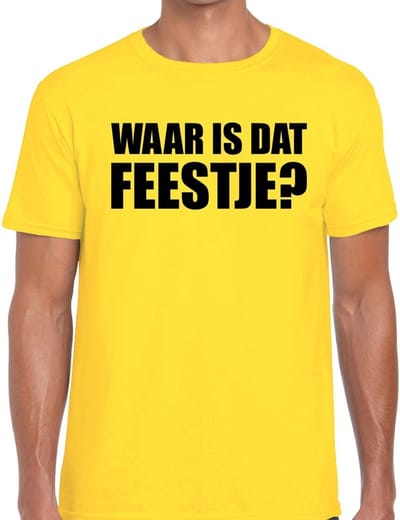 Waar is dat feestje - Partykleding t-shirt - geel - Heren - feestkleding - foute party - carnaval - verjaardag S