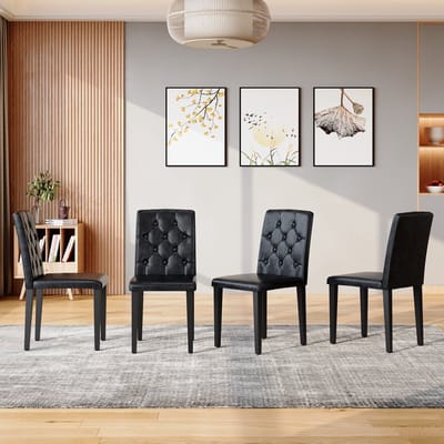 MODFU - Eetkamerstoelen Set Van 4 - Ruitstiksel - Modern - Voor Eethoek - Metaal En Imitatieleer - Zwart