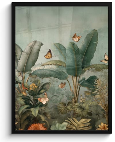 Poster in lijst - Fotolijst 60x80 cm - Posters - Tropisch bladerdek - Vlinders - groen - Bruin - Posterlijst zwart - Decoratie - Wanddecoratie woonkamer - Muurdecoratie slaapkamer
