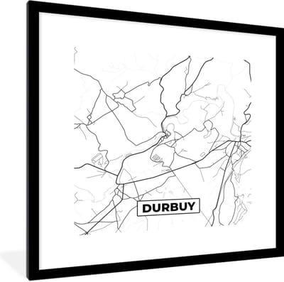 Fotolijst incl. Poster Zwart Wit- Plattegrond – Durbuy – Zwart Wit – Stadskaart - Kaart - België - 40x40 cm - Posterlijst