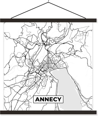 Posterhanger incl. Poster 60x60 cm - Schoolplaat - Frankrijk - Kaart - Plattegrond - Annecy - Stadskaart - Zwart wit - Textielposter - Zwarte latten - Stadskaart