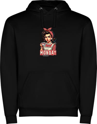 Zwarte unisex hoodie met “Monday again“ Print Full Color merk Roly maat S