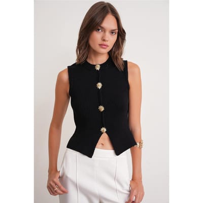 Gebreid Crop Top met Textuur en Knoopdetails