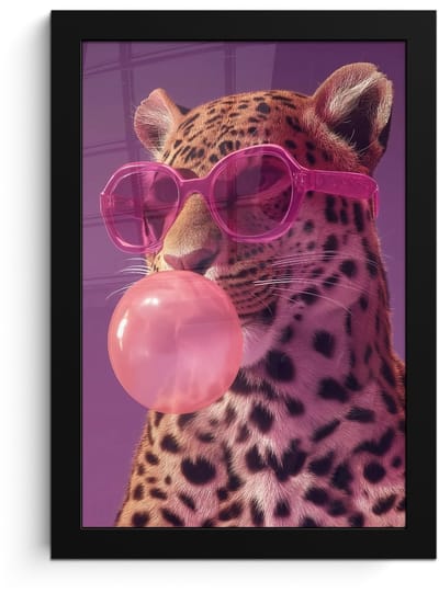 Poster in lijst - Fotolijst 20x30 cm - Posters - Panter - Zonnebril - Kauwgombel - Roze - Posterlijst zwart - Decoratie - Wanddecoratie woonkamer - Muurdecoratie slaapkamer