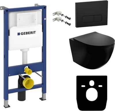 Inbouwreservoir Complete Toiletset Geberit Duofix Basic - Inbouw WC Hangtoilet Wandcloset SINTO BLACK Zwart Mat - Bedieningsplaat DELTA Zwart - Voorwandelement - Installatiesysteem