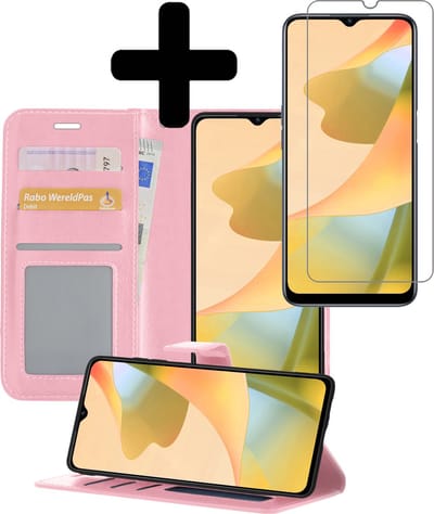 Hoesje - Met Screenprotector - Geschikt voor OPPO A16s - Luxe Pasjeshouder - Bookcase Portemonee - Flip Case - Kunstleer Book Case - Flipcase - Book Cover - Walletcase - Portemonneehoes - Telefoonhoesjes - Lichtroze