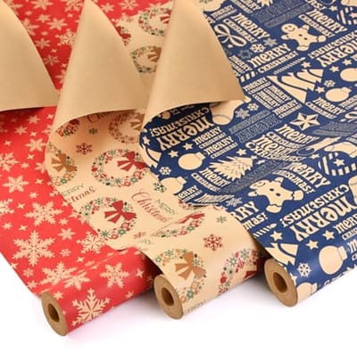 3 Rollen Kerst Inpakpapier - Recyclebaar Kraftpapier voor Cadeaus, 43cm x 10m