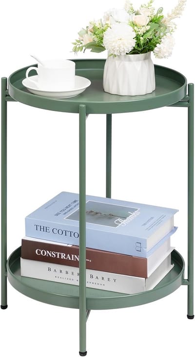 Ronde Bijzettafel van Metaal met 2 Laagjes - Snacktafel, Koffietafel, Bedside Tafel voor Woonkamer, Slaapkamer, Balkon of Terras - Grasgroen