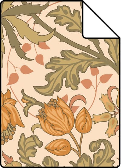 Proefstaal ESTAhome behang vintage bloemen in art nouveau stijl warm oranje en vergrijsd groen - 26.5 x 21 cm - 131175-S