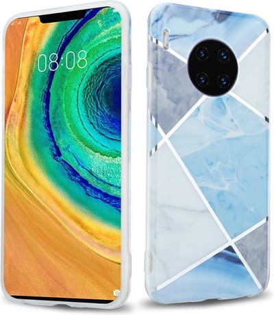 Cadorabo Hoesje geschikt voor Huawei MATE 30 PRO in Blauw Wit Grijs Marmer No. 2 - Beschermhoes gemaakt van TPU siliconen Case Cover met mozaïek motief