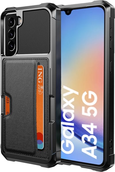 Pasjes houder Hoesje geschikt voor Samsung A34 – Pasjes houder Hoesje - Heavy Duty Case - Magnetisch Portemonnee Hoesje Cover - Zwart