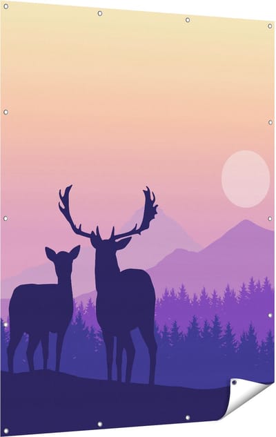 Gards Tuinposter Twee Herten - Zonsondergang - Silhouet - 120x160 cm - Tuindoek - Tuindecoratie - Wanddecoratie buiten - Tuinschilderij