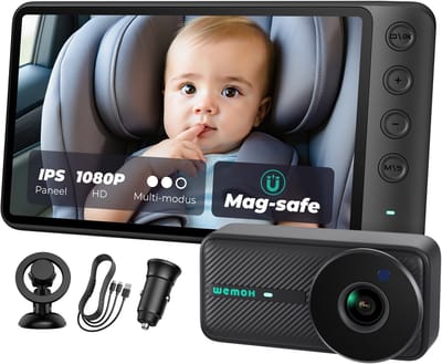 WEMOH Magnetische Baby Autocamera - 5 inch 1080P HD IPS Monitor Scherm | Auto Nachtzicht, Zoom & Mirror Modus, Continue Stroomvoorziening, voor Achterwaarts Autostoeltje - Zwart