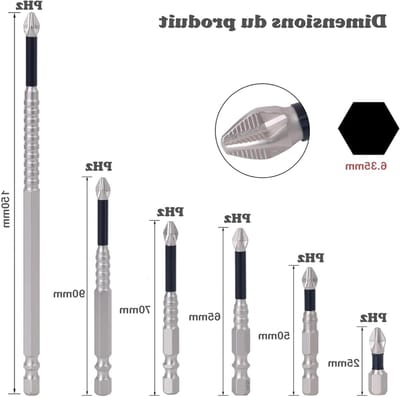 Set van 6 magnetische Phillips PH2 schroevendraaierbits, lengte 25-150 mm, 1/4 inch zeskantschacht voor elektrische schroevendraaiers, ideaal voor klussen en montagewerkzaamheden
