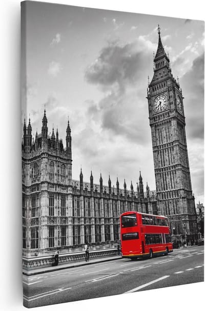 Artaza Canvas Schilderij Big Ben - 40x50 cm - Wanddecoratie Londen Skyline - Muurdecoratie Dubbeldekker Bus - Kamer Accessoires