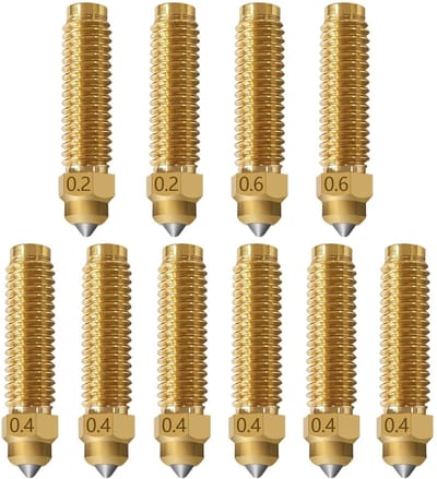 Dailygoods- Spuitmonden 10 Stuks - Messing Geharde Stalen Spuitmonden - 0,2 mm/0,4 mm/0,6 mm - Originele Hot-End Sproeiers - Slijtvast - Superieure Warmtegeleiding - 3D-printer Mondstukken