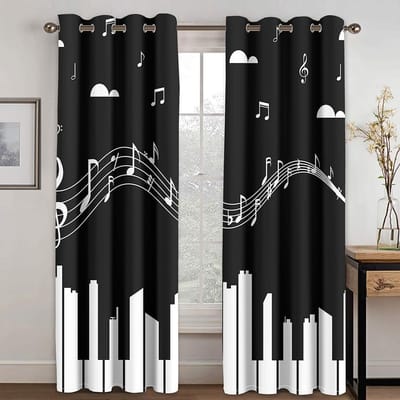 Zwart Wit Klassiek Abstract Noot Kunst Muziek 3D Dunne 2 Stuks Lichtfilterende Gordijnen voor Woonkamer Slaapkamer Raam Draperie Decor 50W130H(CM) 2PCS&Grommet Top black