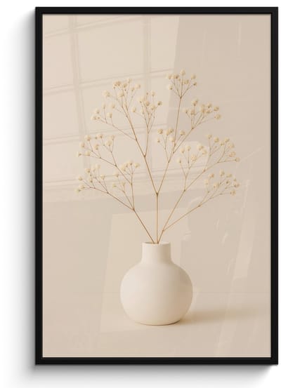 Poster in lijst - Fotolijst 80x120 cm - Posters - Vaas - Takken - Bloemetjes - Wit - Posterlijst zwart - Decoratie - Wanddecoratie woonkamer - Muurdecoratie slaapkamer