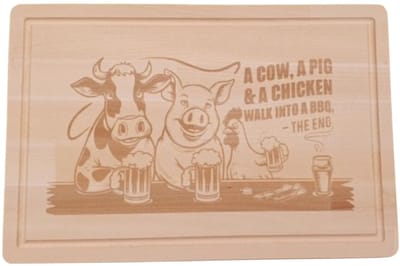 Houten snijplank - serveerplank - spreuk a cow - a pig and a chicken walk into the bbq - the end