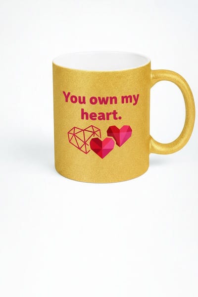Gouden Glitter Mok 'You Own My Heart' met Geometrische Harten | Romantisch Liefdescadeau