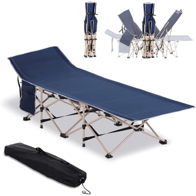 Merax Opvouwbaar Campingbed Met Opbergtas – Veldbed 190x68 Cm – Blauw – Stalen Frame – Draagbaar Logeerbed – Outdoor Ligbed Voor Camping En Tuin