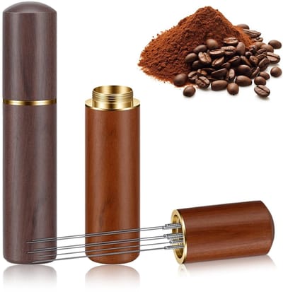 Dailygoods - 2 stuks koffie-tamper, espresso-naalden, verbeterd met 6 fijne naalden, 0,4 mm fijne naalden, houten handvat en standaard, cadeau voor barista's, koffieaccessoires
