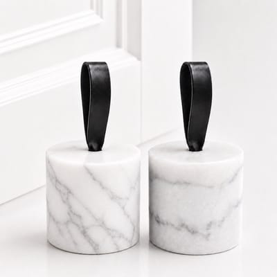 Marmeren Deurstopper Set van 2 – Wit – Zware Deurstoppers met Lus – Echt Marmer – Ø 8,5 x 9 cm – 1,2 kg per stuk