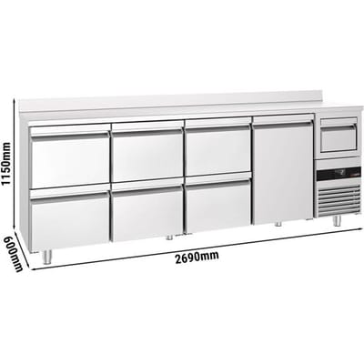 GGM Gastro Bar- & Getränkekühltisch PREMIUM - 2690x600mm - mit 1 Tür, 6 Schubladen, Aufkantung & Ausklopfer für Kaffee Zilver