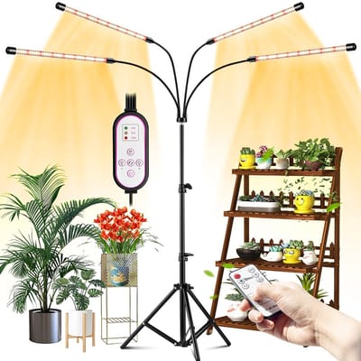 Rosnek Kweeklamp Full Spectrum 4 Koppen - LED Groeilamp met Afstandsbediening - Verstelbaar Statief 50-150 cm & 360° Flexibele Arm - Timer 4/8/12u - 10 Dimstanden voor Binnenplanten