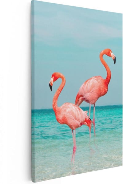 Artaza Canvas Schilderij Strand En Zee - 20x30 cm - Klein - Wanddecoratie Flamingo - Muurdecoratie Tropisch - Schilderijen Op Canvas
