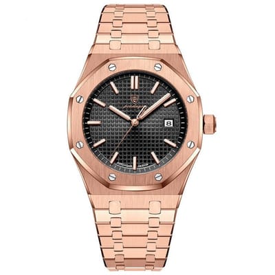 Selevie Horloge AP Royal – Roségoud kleurig met zwarte wijzerplaat – Luxe, elegant en tijdloos - Rosegouden schakelband - Herenhorloge - met horloge box